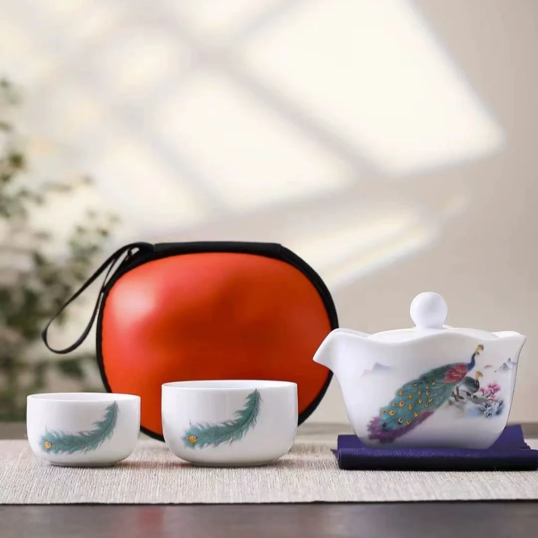 A62孔雀羊脂玉手抓二杯茶具旅行套装带便携包茶巾