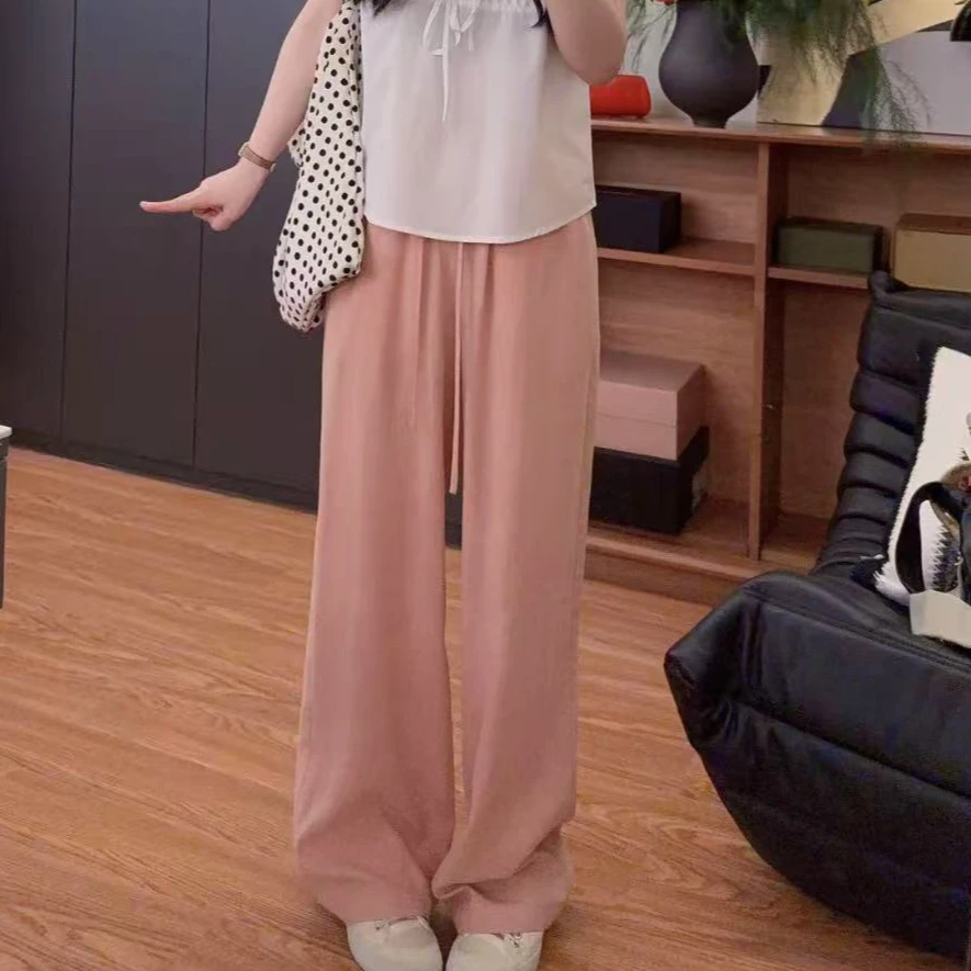 84994余小鱼【百利甜】西柚粉四粒扣松紧腰百搭韩系宽松休闲裤女装