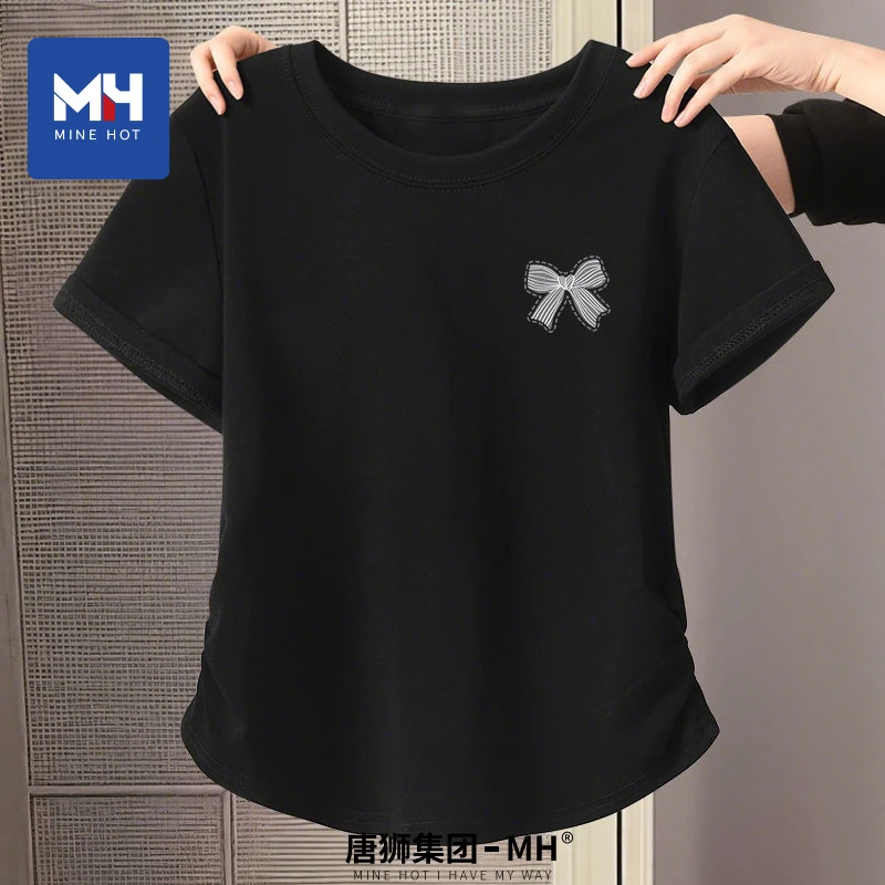 唐狮集团MH抽褶短袖t恤女生韩系ins衣服黑色夏季纯欲慵懒风女装H