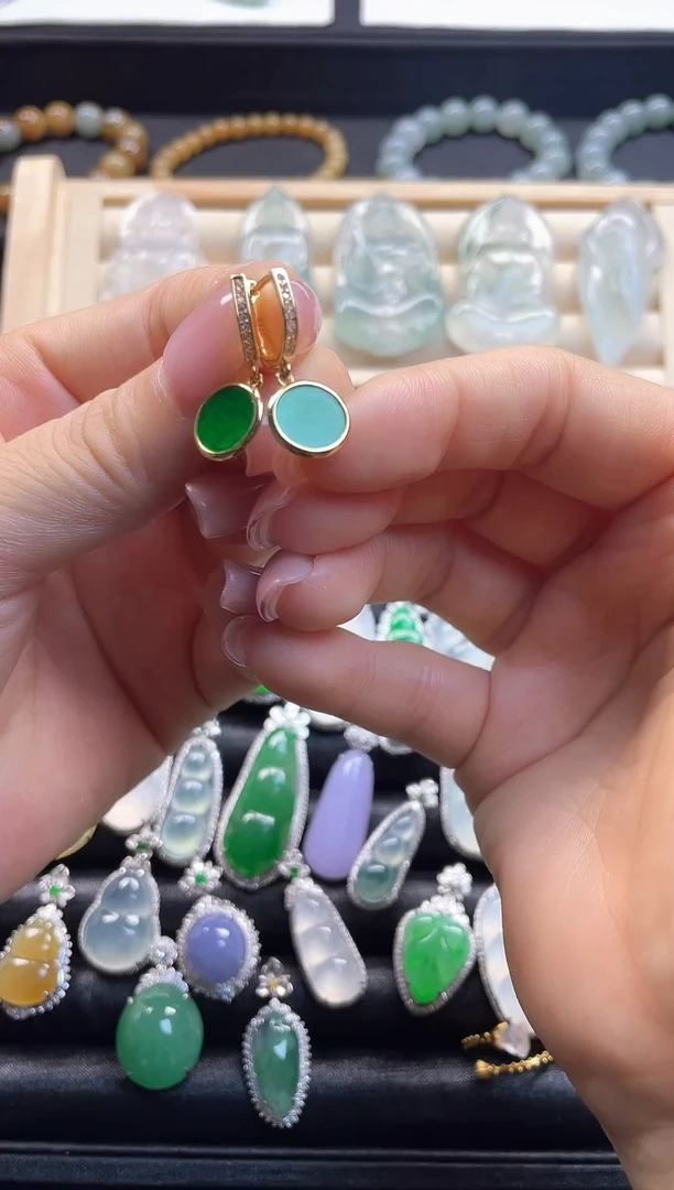 银S925镶嵌翡翠耳饰久甜翡翠天然缅甸翡翠a货耳饰