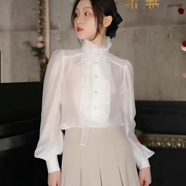 【商场同款】春秋白色衬衣木耳边百搭飘带长袖衬衫5301033