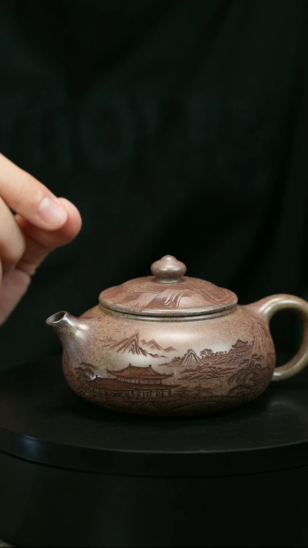茶壶紫砂《****》H1983蒋静明柴烧刻绘寒江
