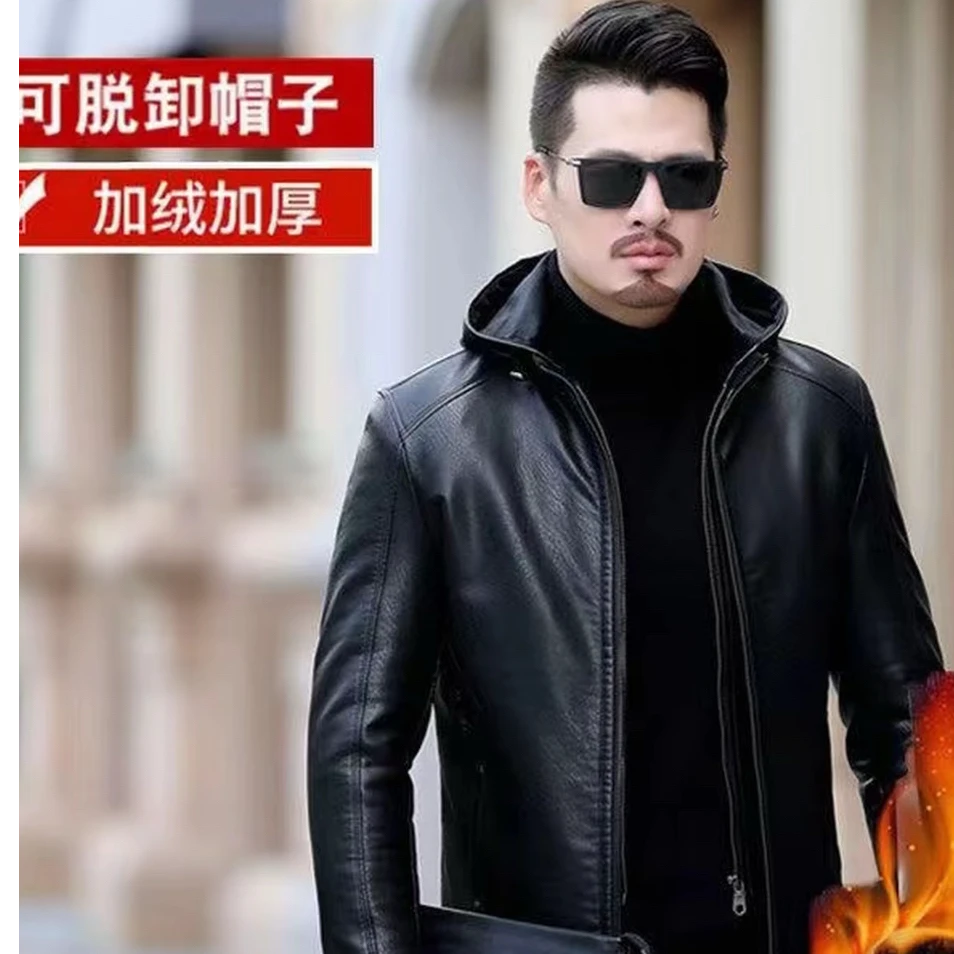 【帽子可脱卸 】 男士海宁皮衣秋冬新款加绒加厚男装皮衣