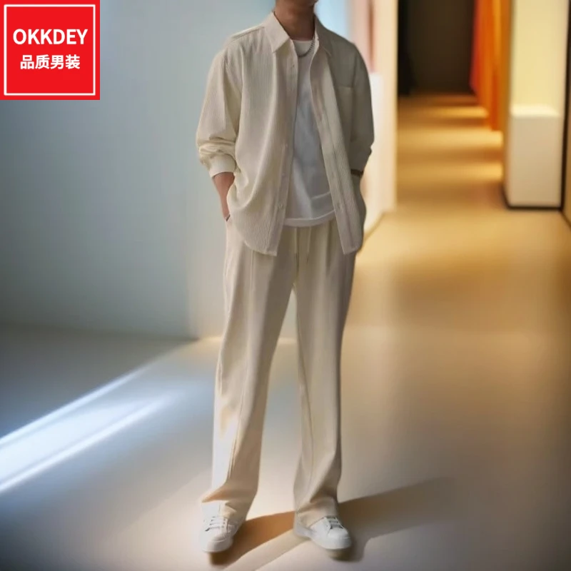 春秋新款男士时尚套装高级感慵懒风长袖衬衫外套休闲长裤子两件套