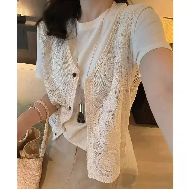 夏季新款休闲重工提花百搭T恤加V领马夹真两件套时尚套装女9759