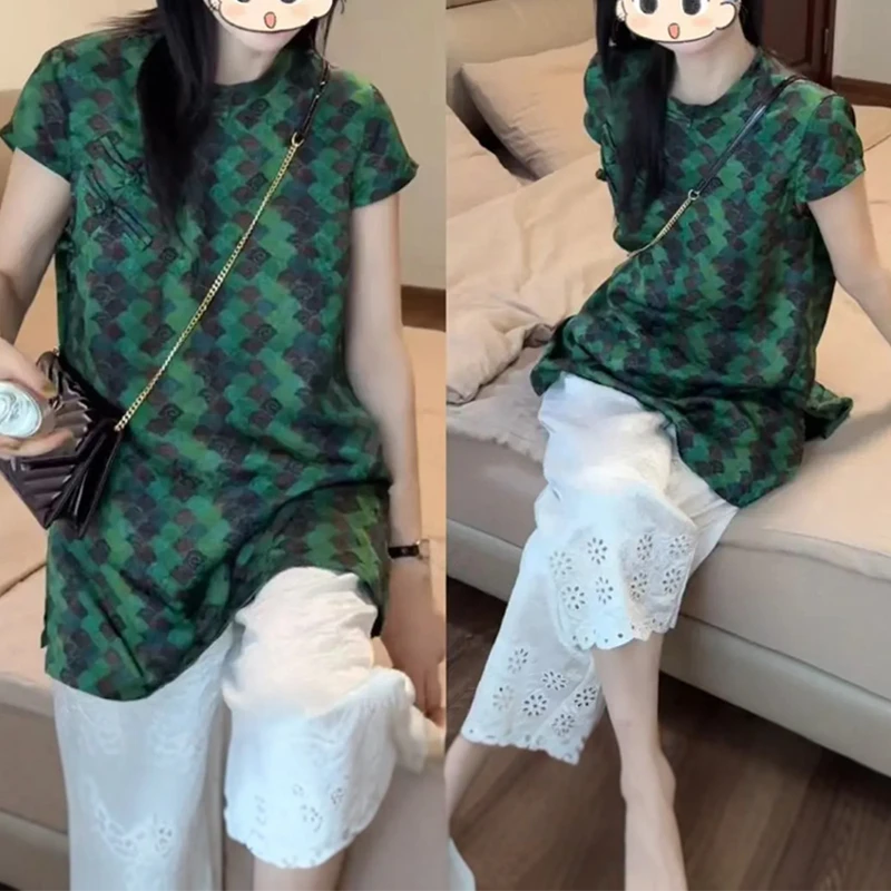 洋气美式学院风气质套装2025夏季宽松显瘦菱形纹上衣休闲裤两件套