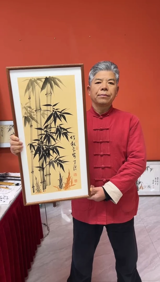 书法张富民手绘作品/竹报平安//古宣（乌檀木外框）35*70cm左右