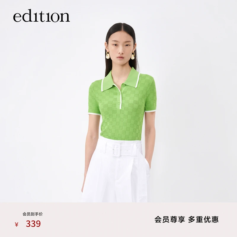 edition2023夏新款格纹polo领针织衫女运动感短袖上衣#EBC2SWTT06