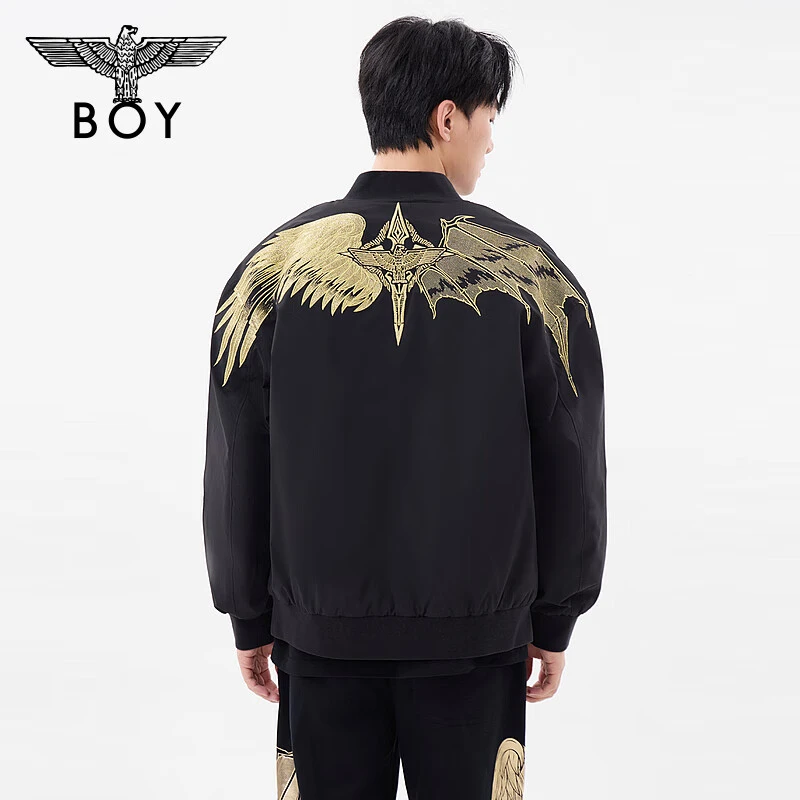 BOYLONDON24秋新品黑金老鹰翅膀绣花时尚潮酷短款保暖棉服N29009