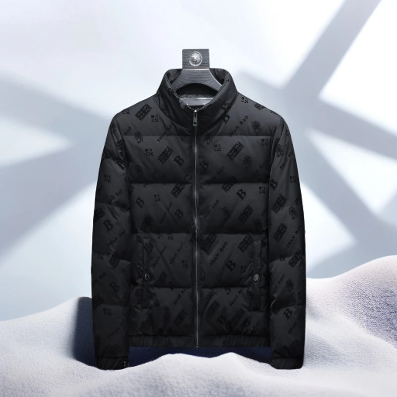 宾斯洛特植绒印花立领羽绒服男潮牌休闲冬新款男士青年大码厚外套