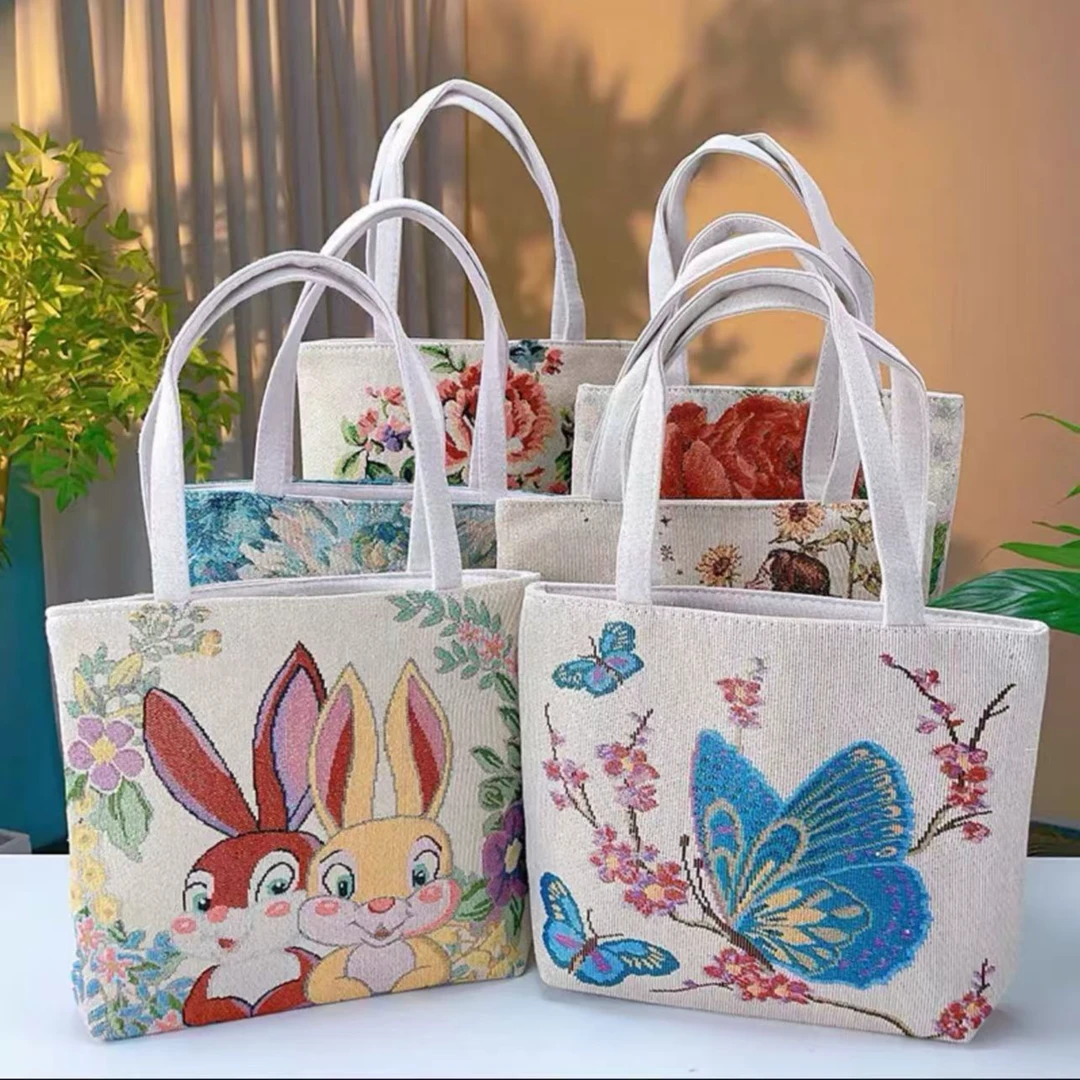 双面金丝手提帆布小包耐磨耐脏时尚百搭款刺绣带拉链手拎外出提花