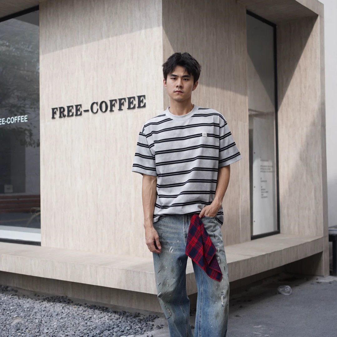 休闲短袖修身型时尚半袖圆领印花条纹宽松潮流夏季T恤