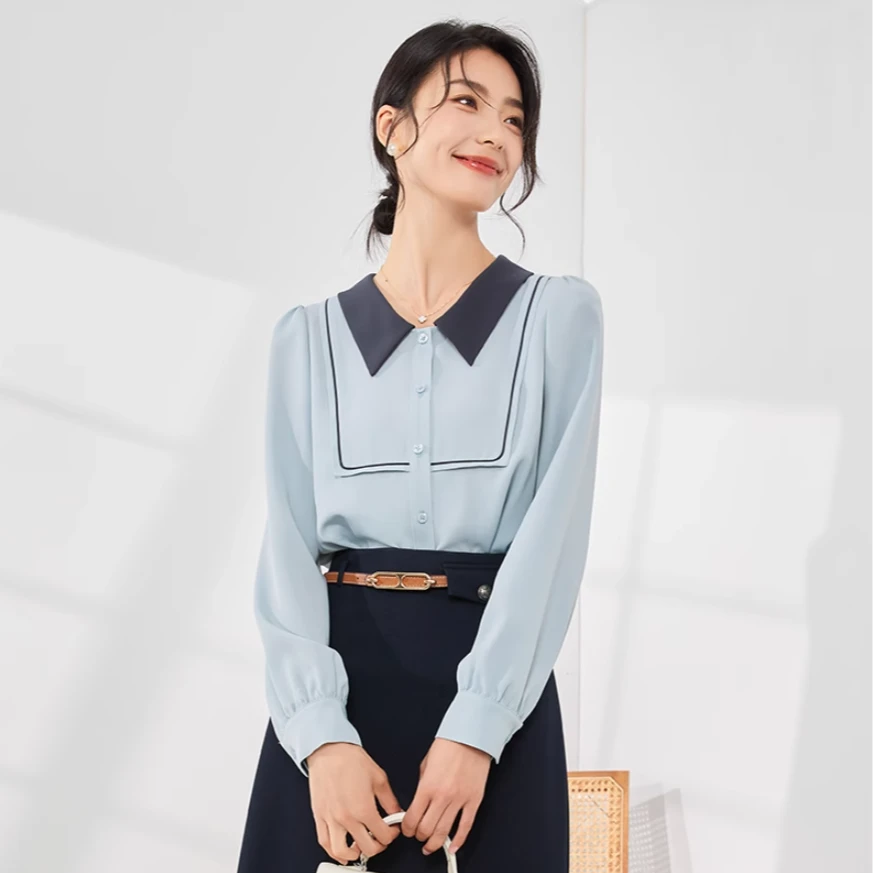 【小北甄选】8593216蓝绿色衬衫女设计感小众气质宽松洋气