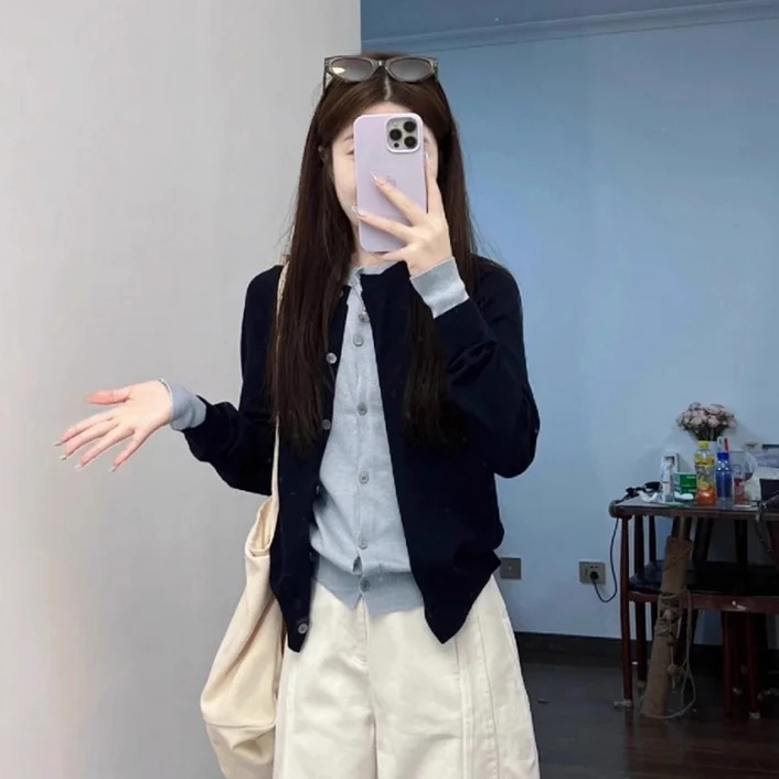 学院风蓝色假两件针织开衫女早秋冬韩系穿搭外穿显瘦长袖毛衣外套