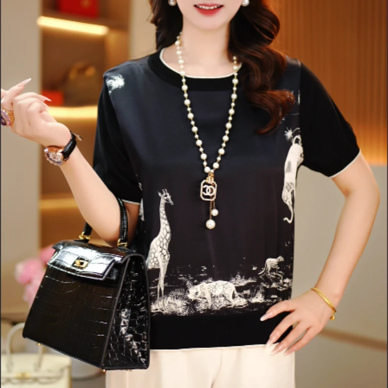 2025新品桑蚕丝字母印花休闲圆领时尚通勤女士打底短袖-.105号