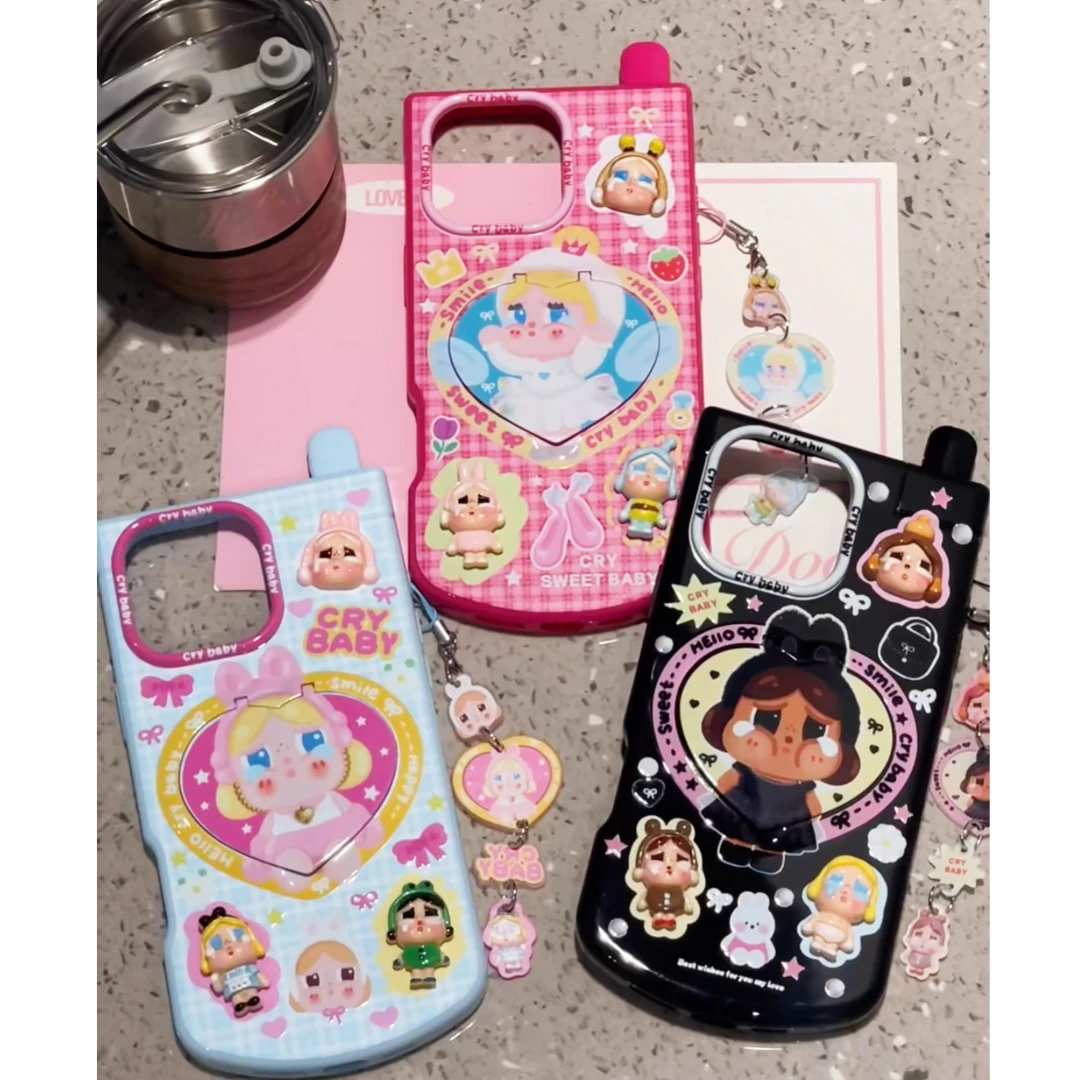 彩色爱心镜面立体哭娃大哥大可爱ins适用于苹果16/15/14promax