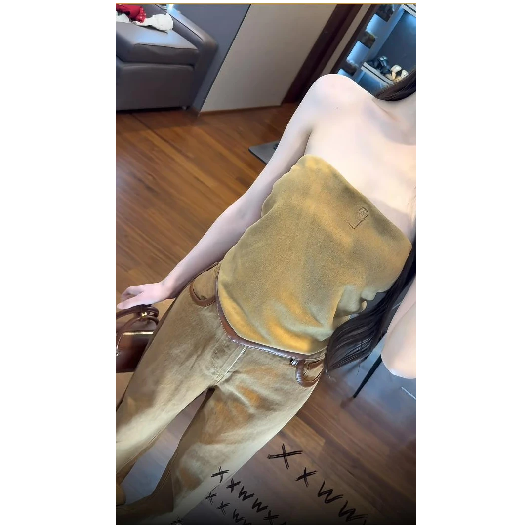 高级感miu系辣妹性感一字肩抹胸背心女2025新款显瘦牛仔裤两件套