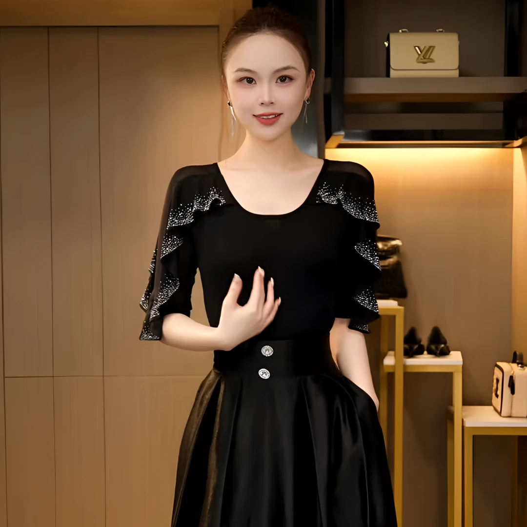 DY25X-6276-1夏季新款网纱时尚圆领镂空重工荷叶边烫钻百搭中袖女