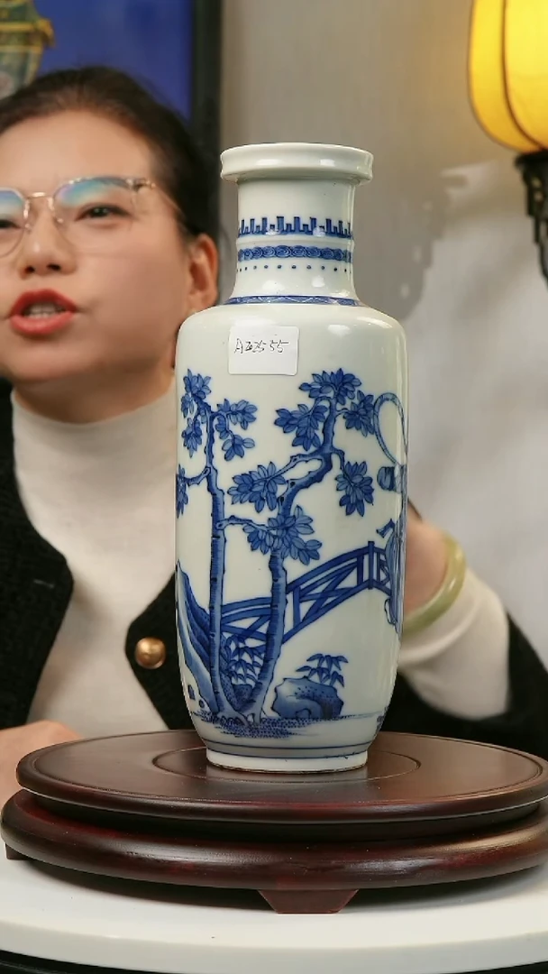 摆件陶青花人物故事棒槌瓶