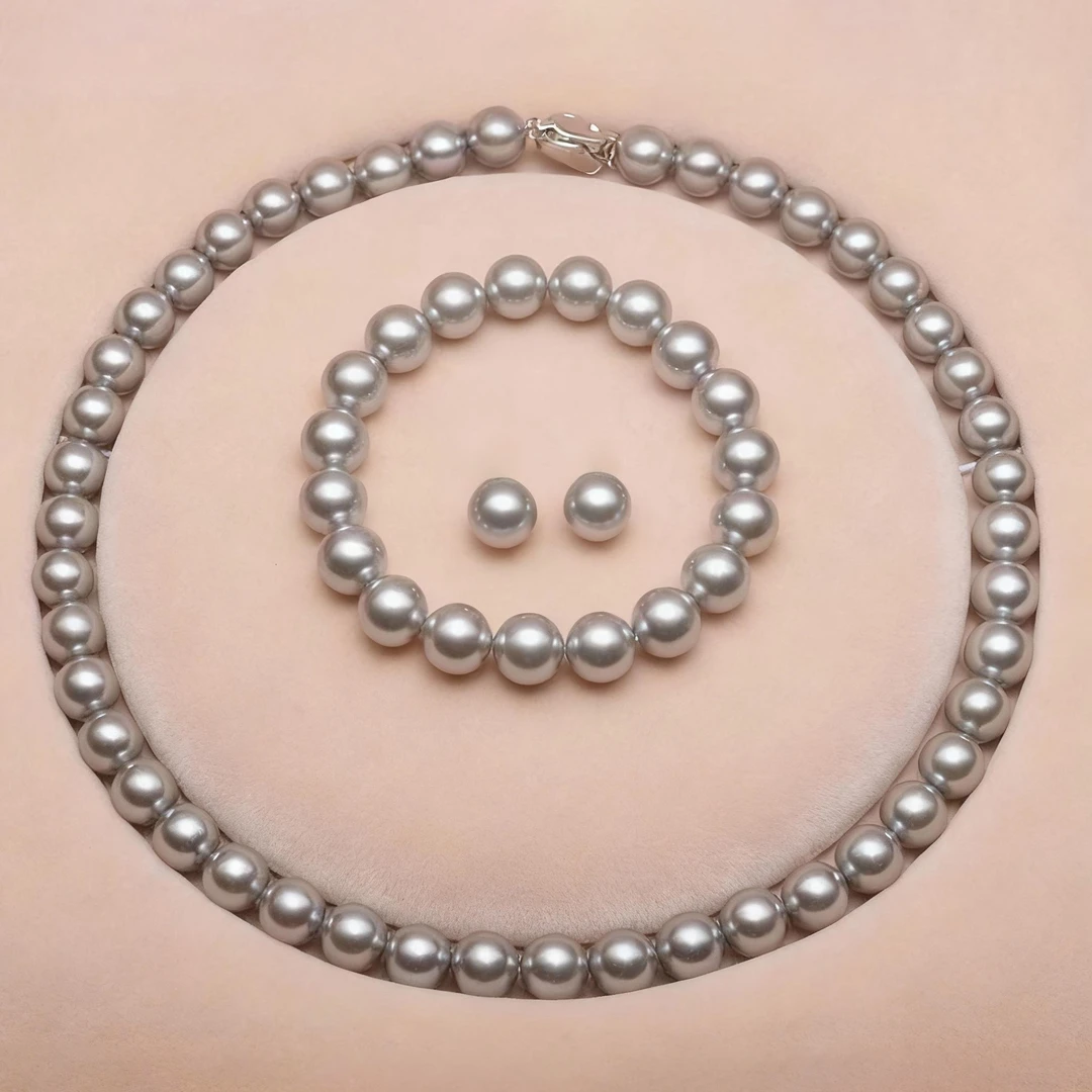 铜合金仿珍珠项链 10-11mm灰色元宝扣项链赠手链耳钉TZB605