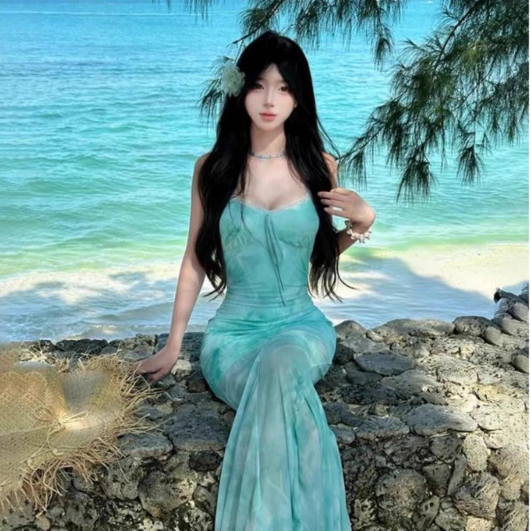 清冷感纯欲网纱长裙露背V领气质吊带裙子海边度假鱼尾包臀连衣裙