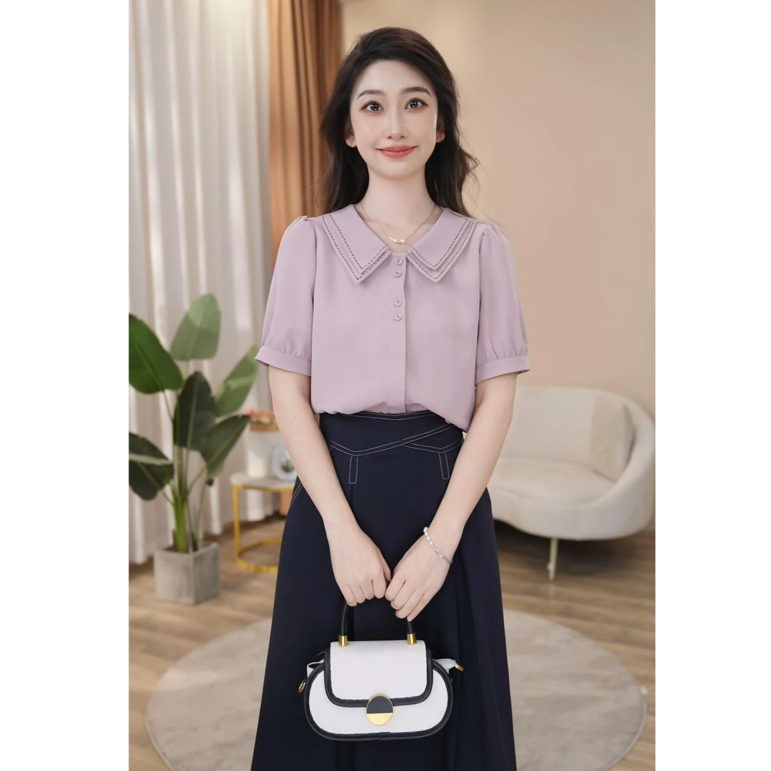 【曼贝】轻奢定制款短袖衬衫女设计感时尚百搭通勤8592312A【甜甜】