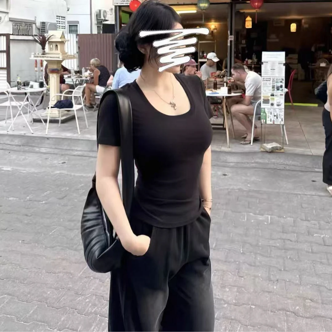 韩版螺纹U领收腰T恤