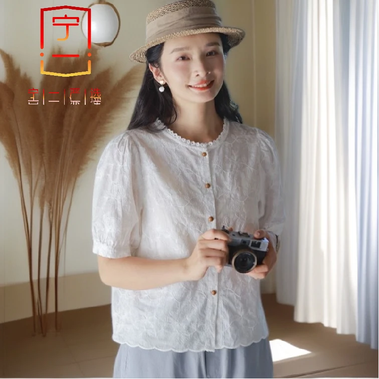 【宁一女装】时尚洋气显瘦纯棉刺绣衬衫百搭短袖设计圆领感小众气质