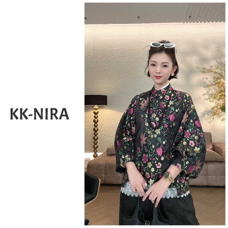 KK-NIRA 繁花似锦 高定新中式提花斜襟桑蚕丝上衣