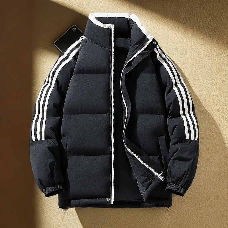 美式冬季休闲宽松潮流3D弹力棉服男新款条纹立领棉衣情侣撞色外套