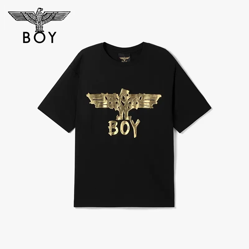 BOYLONDON黑色短袖男女同款夏季新品经典黑金logo圆领T恤N01801