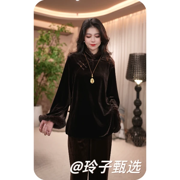 玲子自制（忽而已冬）原版！新中式国风气质高定兔毛拼接丝绒上衣