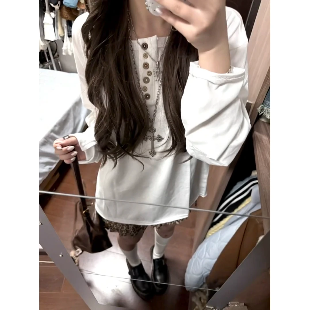 曲奇饼干 不规则扣罩衫上衣女卷边设计感长袖休闲T恤