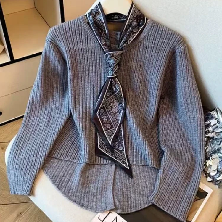 后背纽扣设计感长袖丝巾针织毛衣女秋季新款上衣#2690