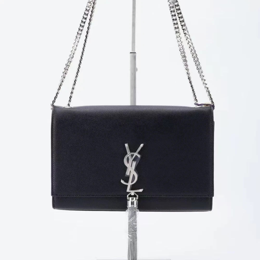 95新 YSL/圣罗兰 【安则专属】黑银光面中号流苏包