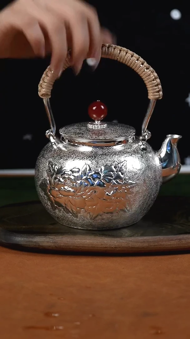 手工锤纹牡丹烧水提梁
