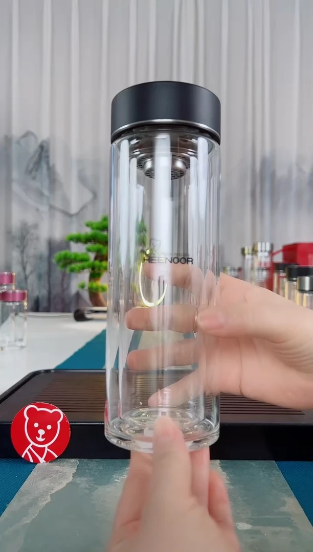 高硼硅玻璃茶隔款希诺双层玻璃杯400毫升9101黑色礼盒包装