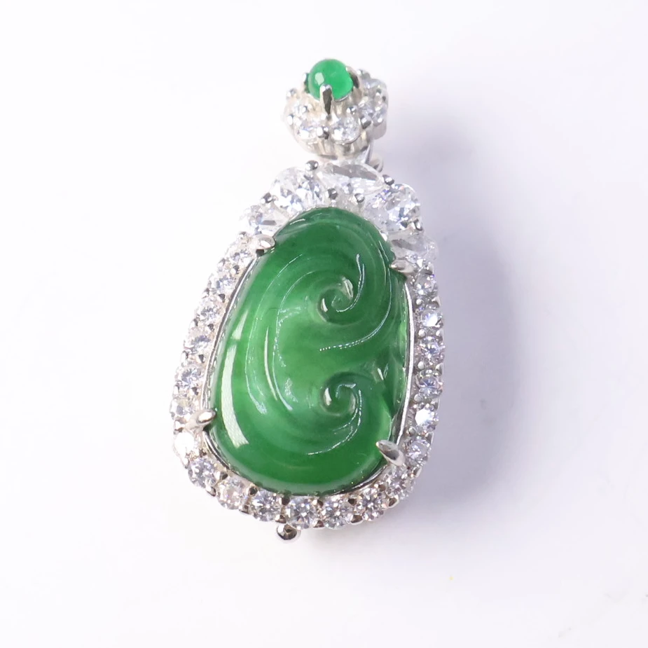 王宝宝翡翠.天然翡翠A货如意吊坠翡翠银镶.裸石20mm.多样发