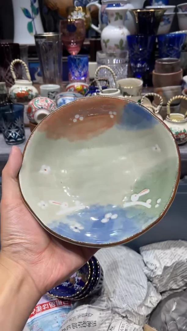 瓷片美浓烧兔子盘