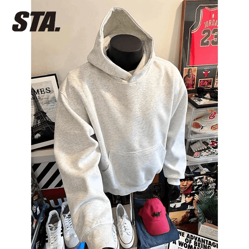 STA正品黑色重磅卫衣男款秋季美式高街cleanfit连帽外套加棉加厚
