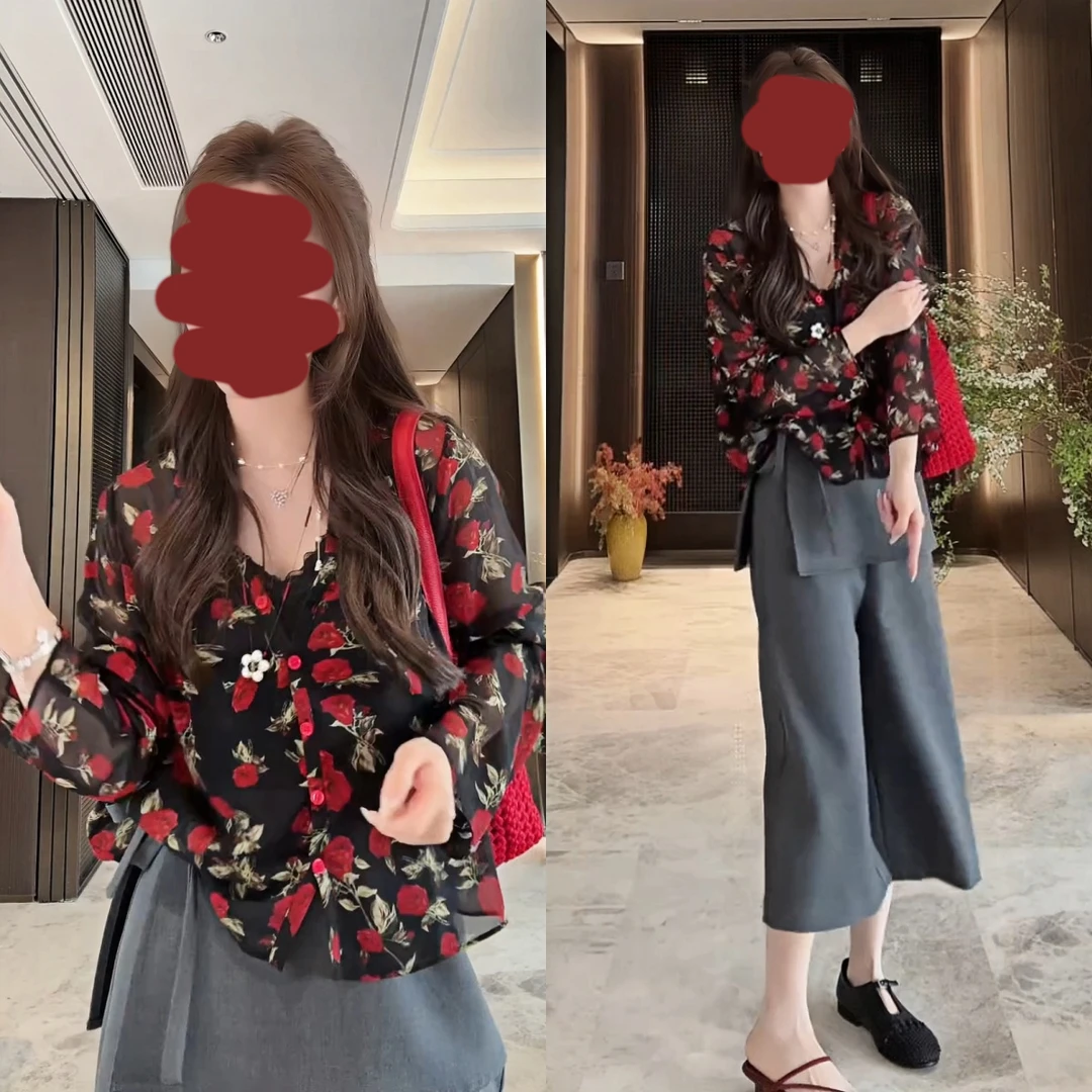 高级感通勤套装女玫瑰碎花衬衫灰色西装裤法式气质两件套夏季