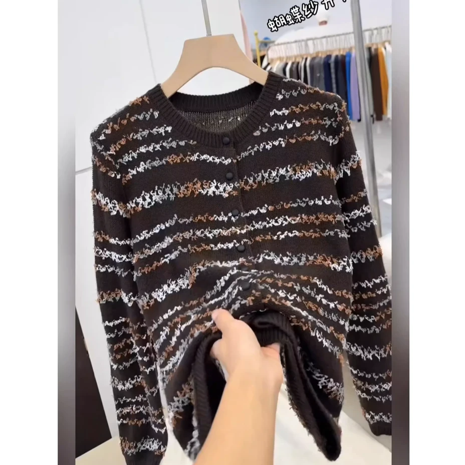 【大码】欧货蝴蝶纱条纹针织开衫女2025秋爆款高级感超好看上衣6103