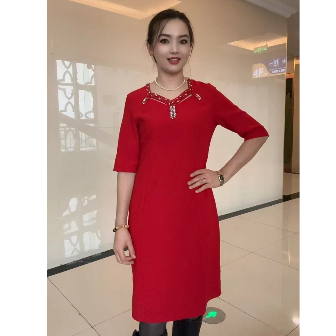 时尚气质手工穿珠中长款连衣裙2402款