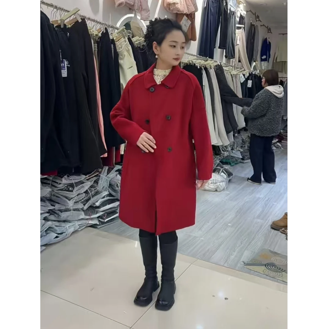 10913#秋冬新款休闲百搭简约中长款毛呢大衣双排扣