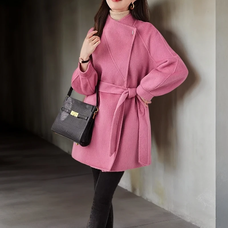 粉色纯羊毛高贵气质双面尼大衣2025新树莓粉小个子高贵气质大衣
