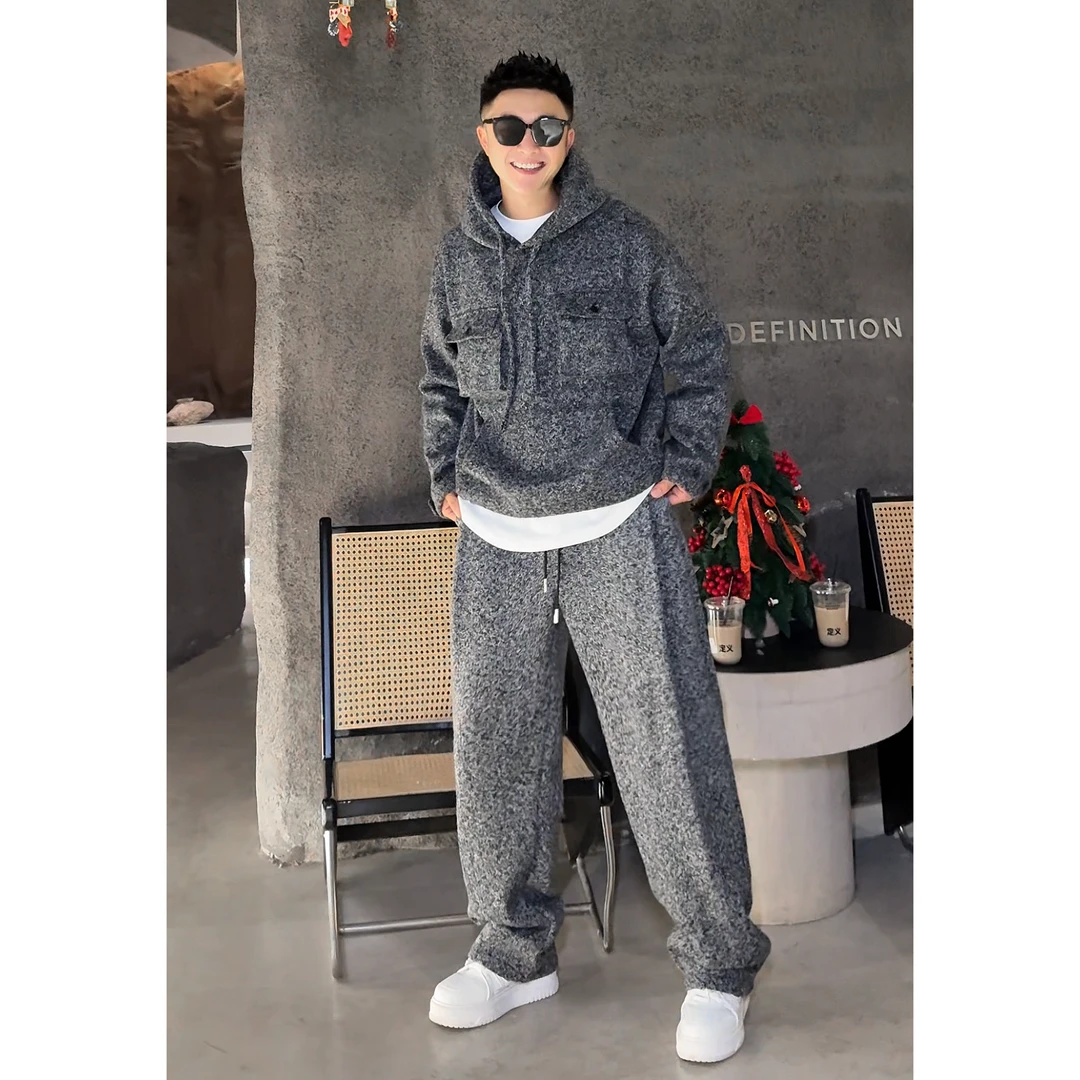 【语乐】88181/7280冬季加绒加厚套装风琴口袋帽衫毛衣针织休闲裤