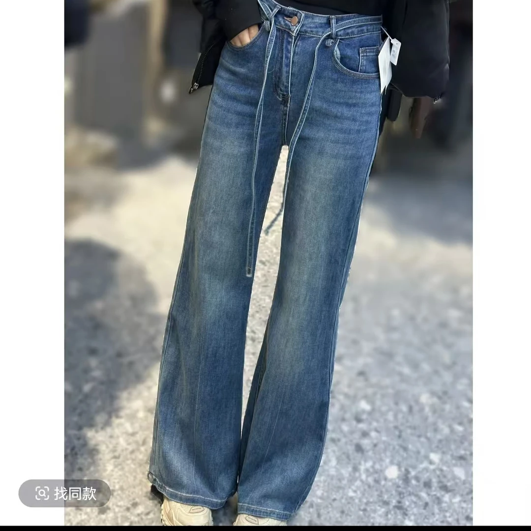 韩式气质高腰阔腿牛仔裤女新款2025春款宽松显高喇叭裤