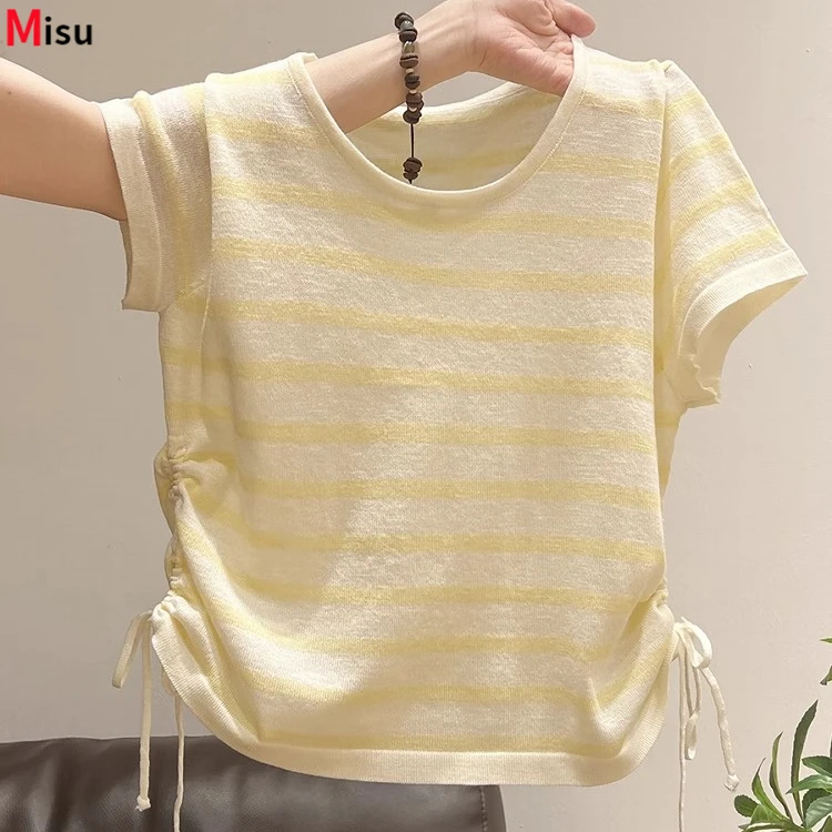 MISU韩系撞色条纹短袖针织T恤女2025夏褶皱收腰系带圆领抽绳上衣