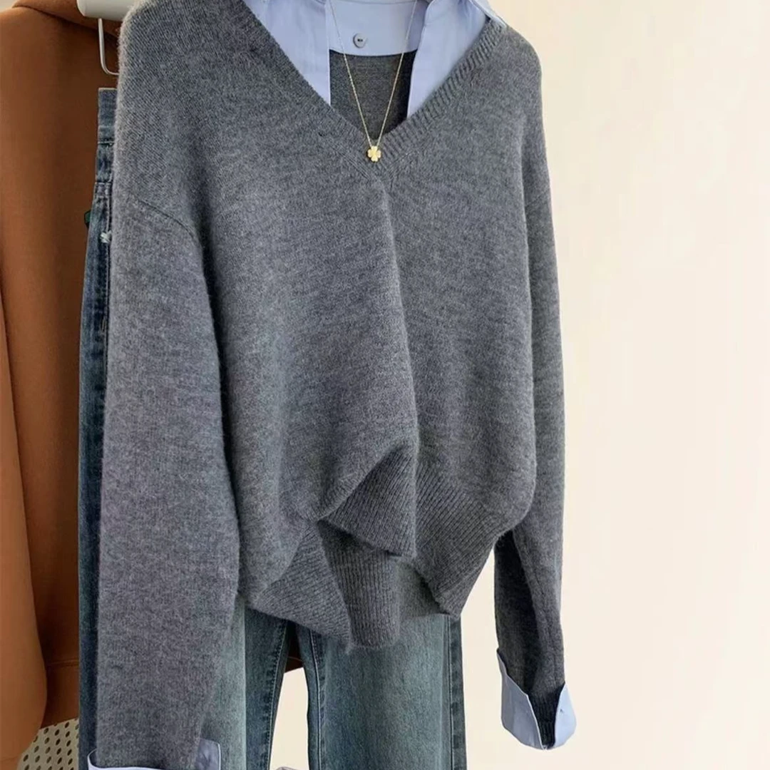 Etam/艾格可拆卸假两件衬衫领拼接复古毛衣女冬新款时尚针织上衣