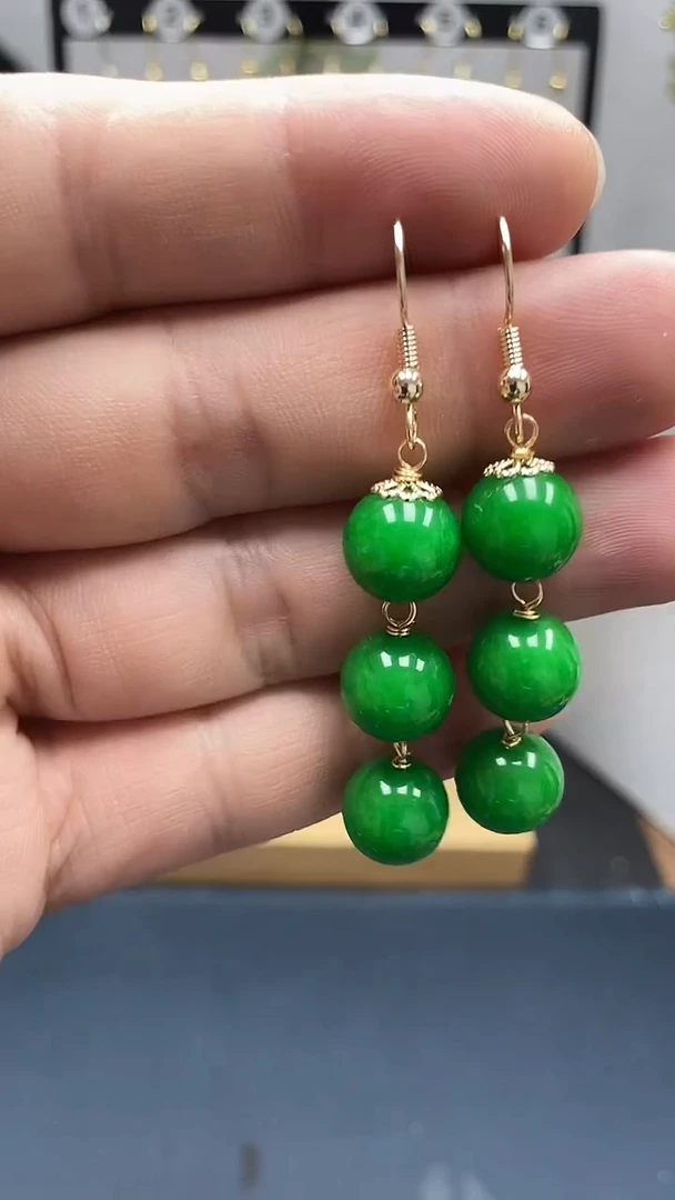 翡翠银S925镀金镶嵌耳饰尺寸10mm连珠